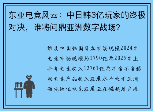 东亚电竞风云：中日韩3亿玩家的终极对决，谁将问鼎亚洲数字战场？